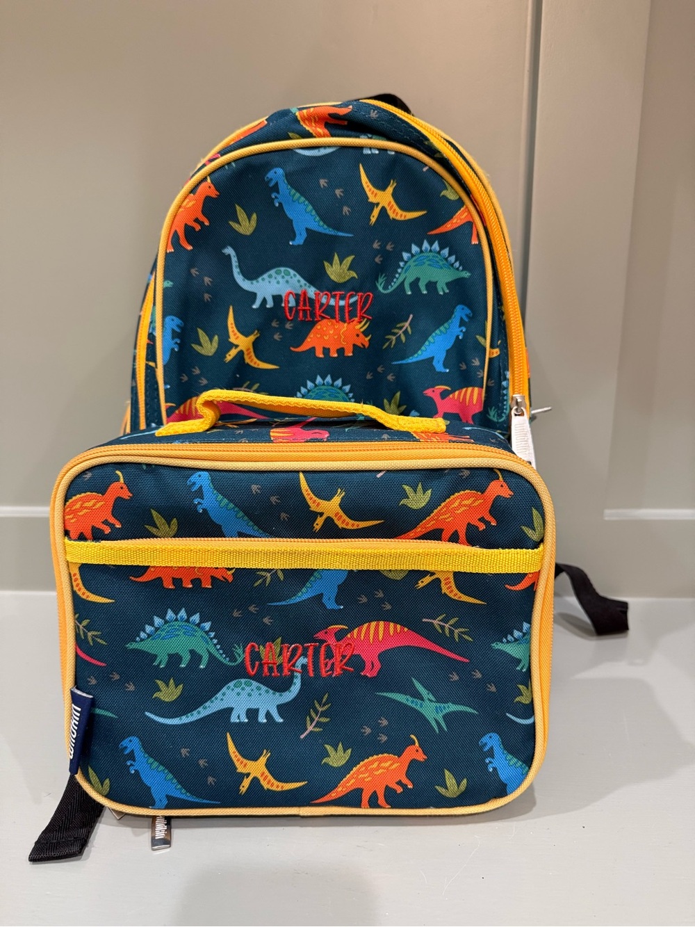 Kids Dinosaur Backpack & Lunch Bag Set - Navy with Multicolor Dinosaurs